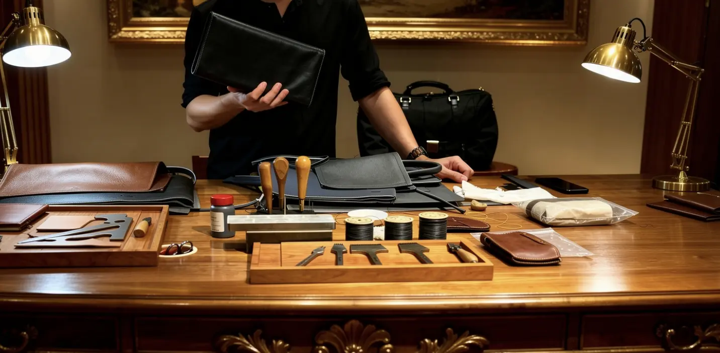 Lone Cuir artisan at a leathercraft workbench presenting a handcrafted bag