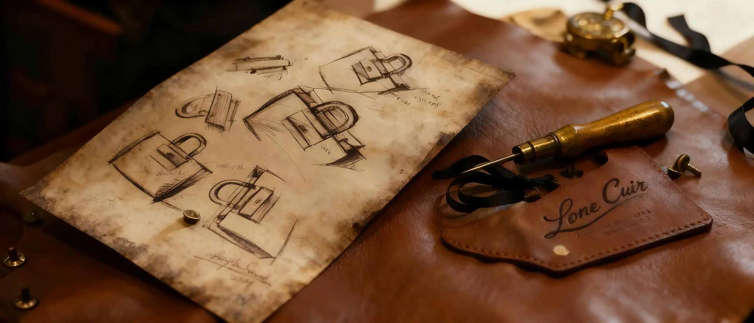 Lone Cuir sketches, leather and handcrafting tools