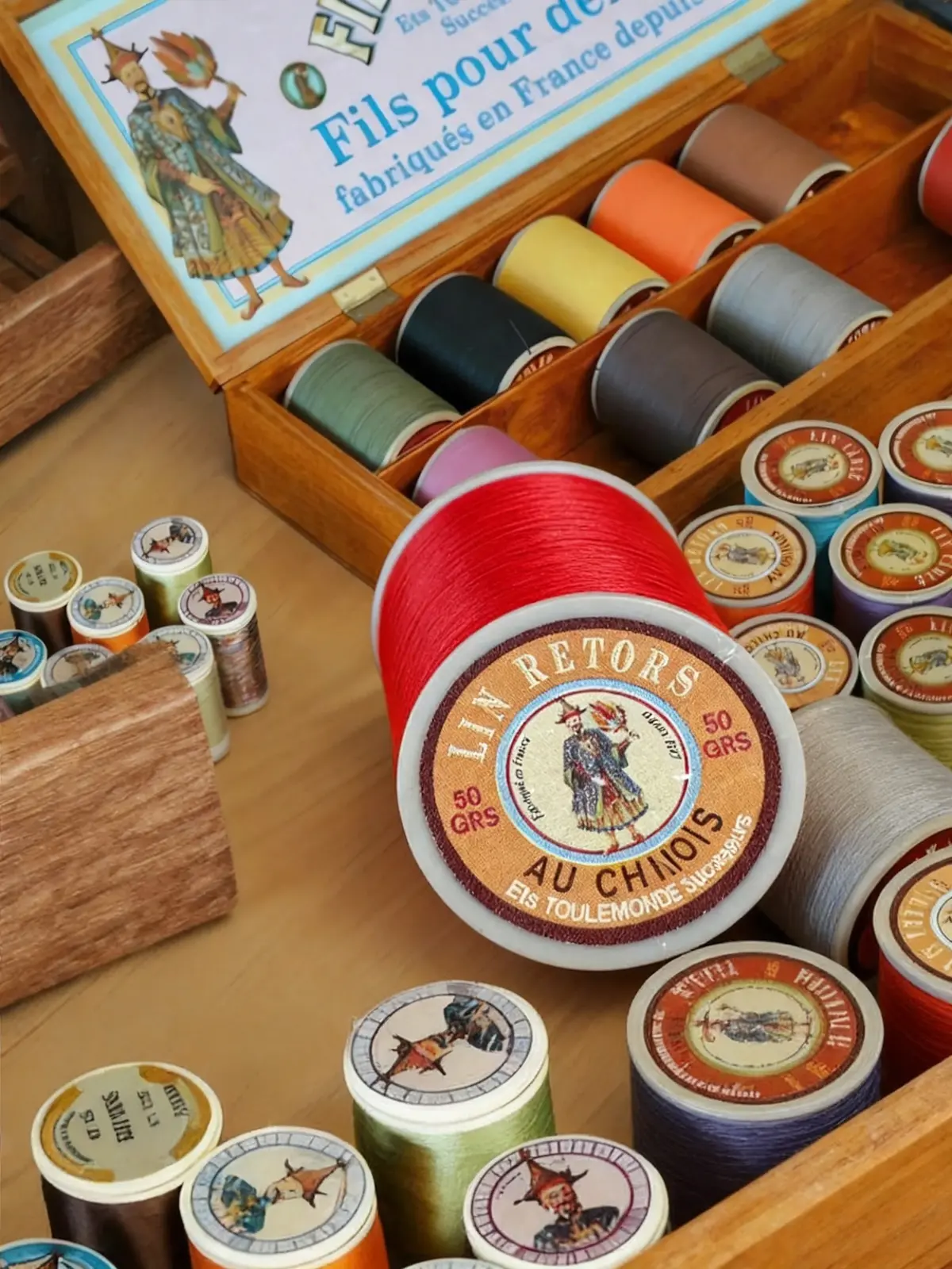 French high-density hand-waxed thread in an artisan thread box
