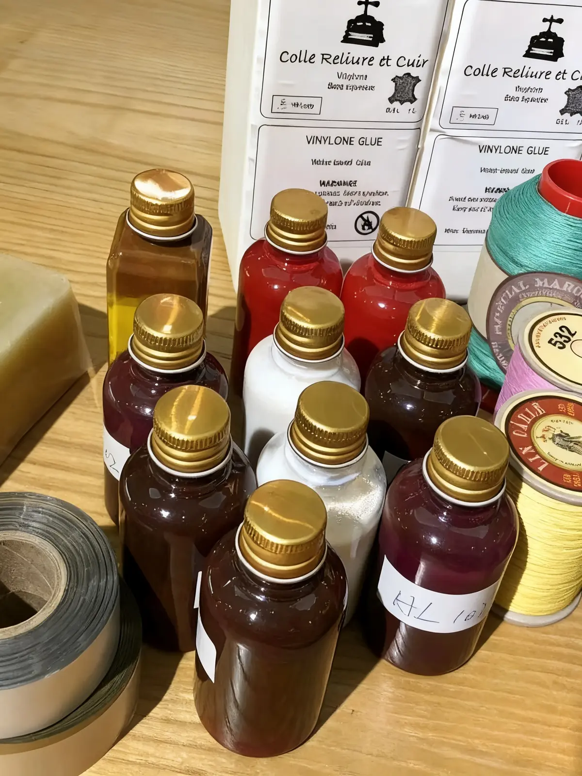 Professional leather adhesive and thread materials on an artisan workbench