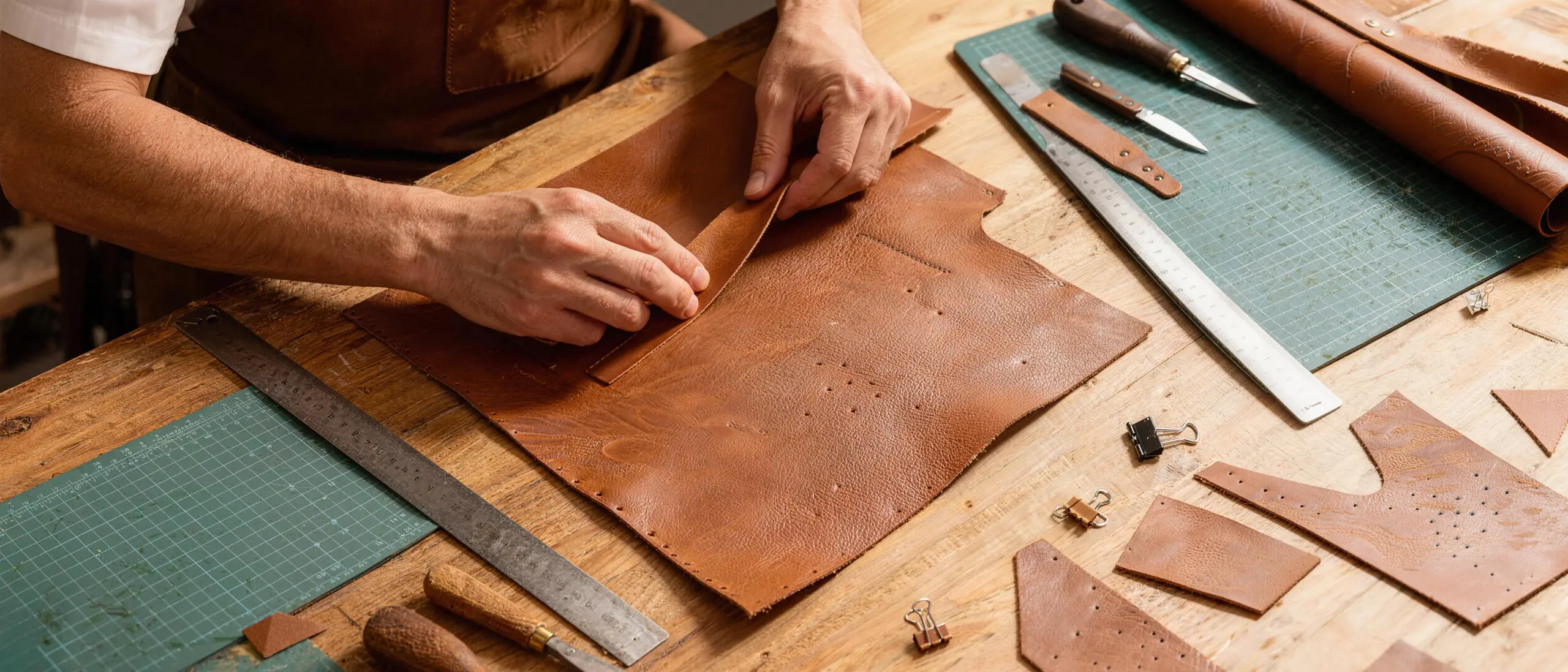 Lone Cuir artisan cutting and shaping warm brown leather by hand at the workbench